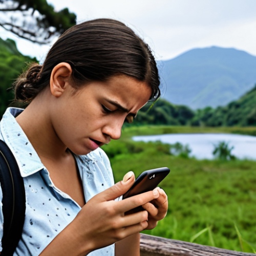 Home 4 **Image Prompt:** A person looking stressed while scrolling through social media on their phone, contrasting with a serene natural environment in the background. The focus is on the negative emotional impact of social media comparison.